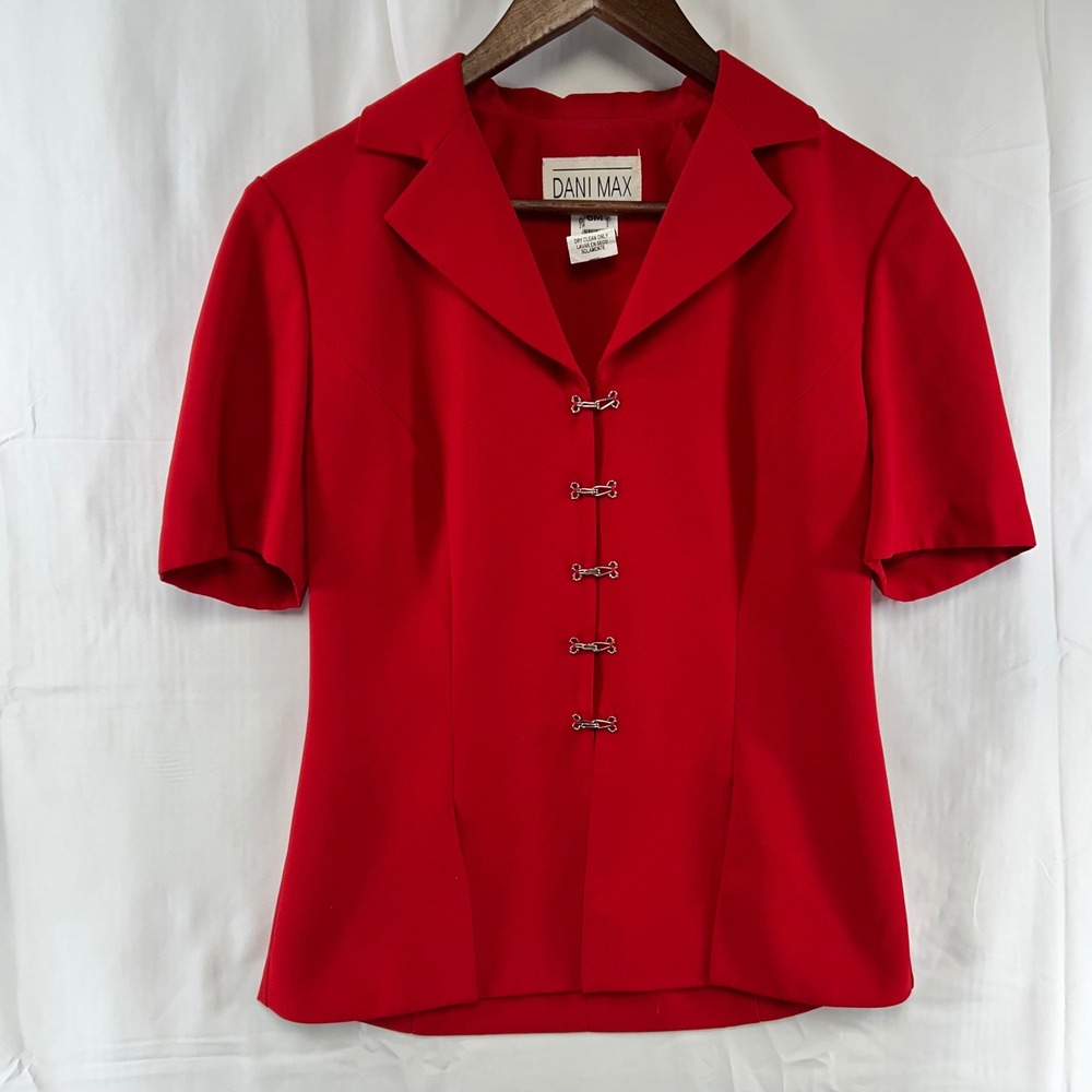 Dani Max Blazer Top Womens 6M Red Hook and Eye Short Sleeve Notched Lapel